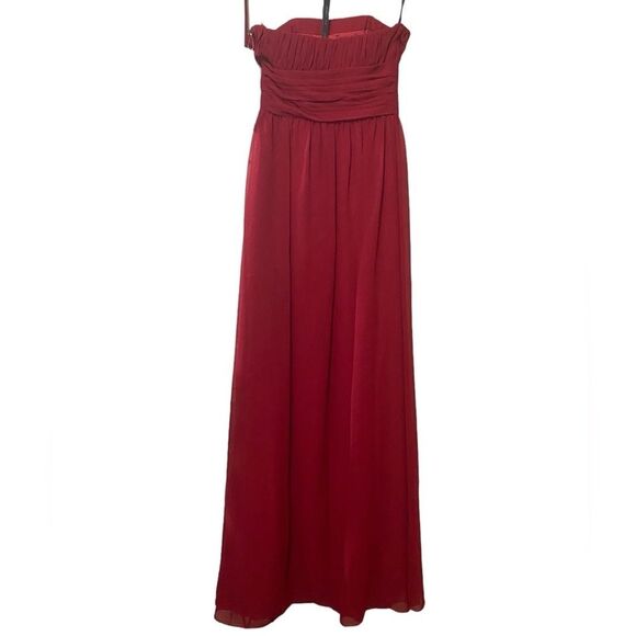 Bill Levkoff Style 633 Cranberry Red Chiffon Pleated  Bodice Flowing Maxi Gown - Picture 3 of 16